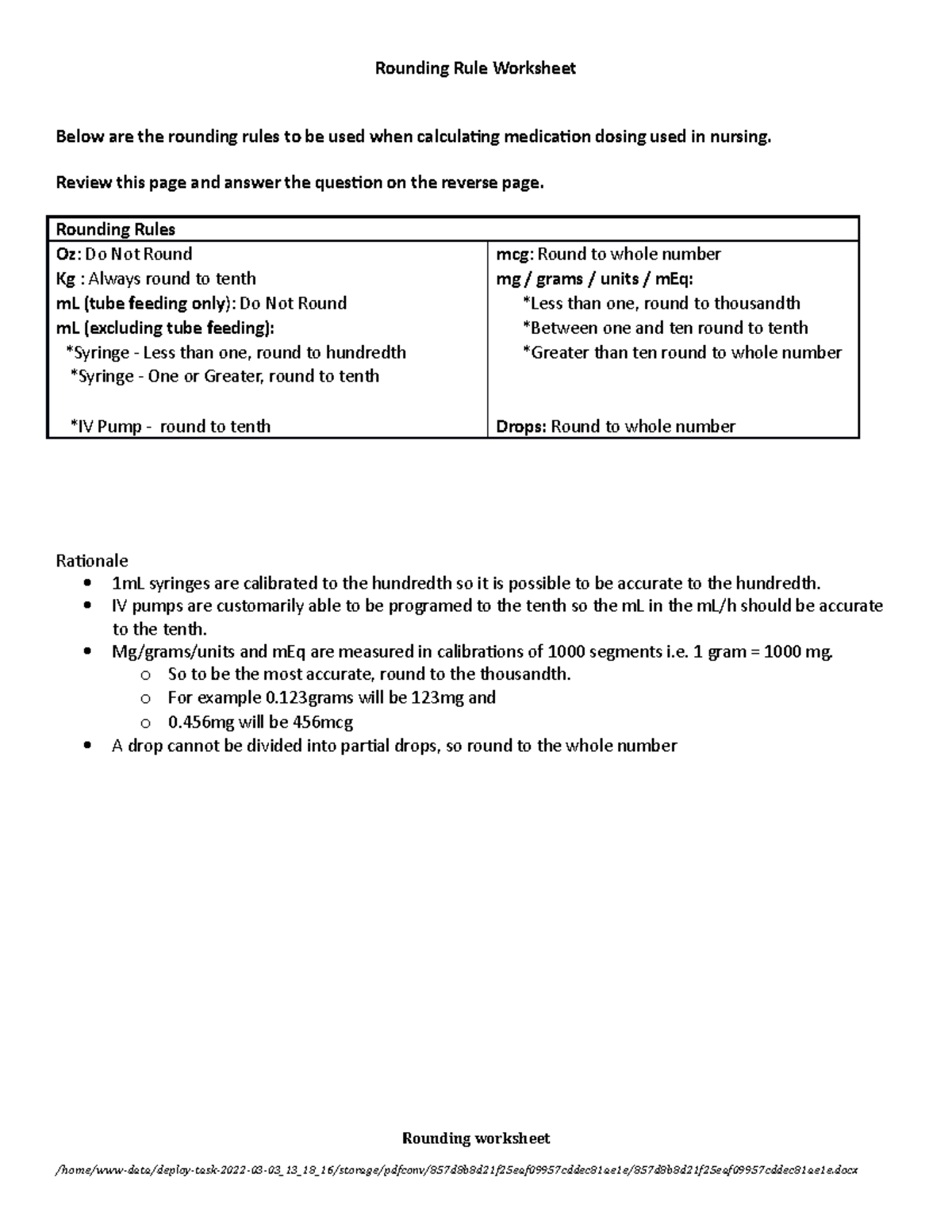 Rounding Rules for Medication Dosing in Nursing: Worksheet 101 - Studocu