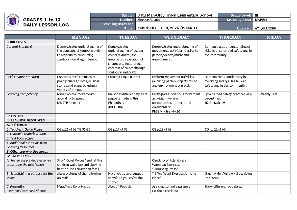 DLL Mapeh 3 Q4 W1 - DAILY LESSON LOG - GRADES 1 to 12 DAILY LESSON LOG ...