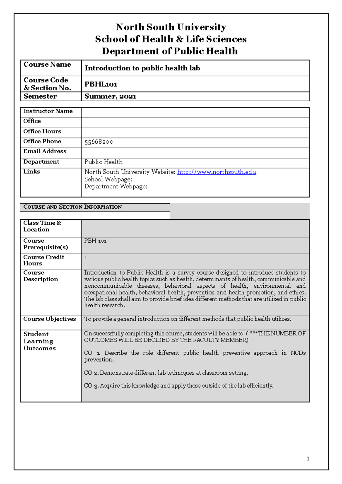 PBH101 Lab Course Outline with Updated Information - Studocu