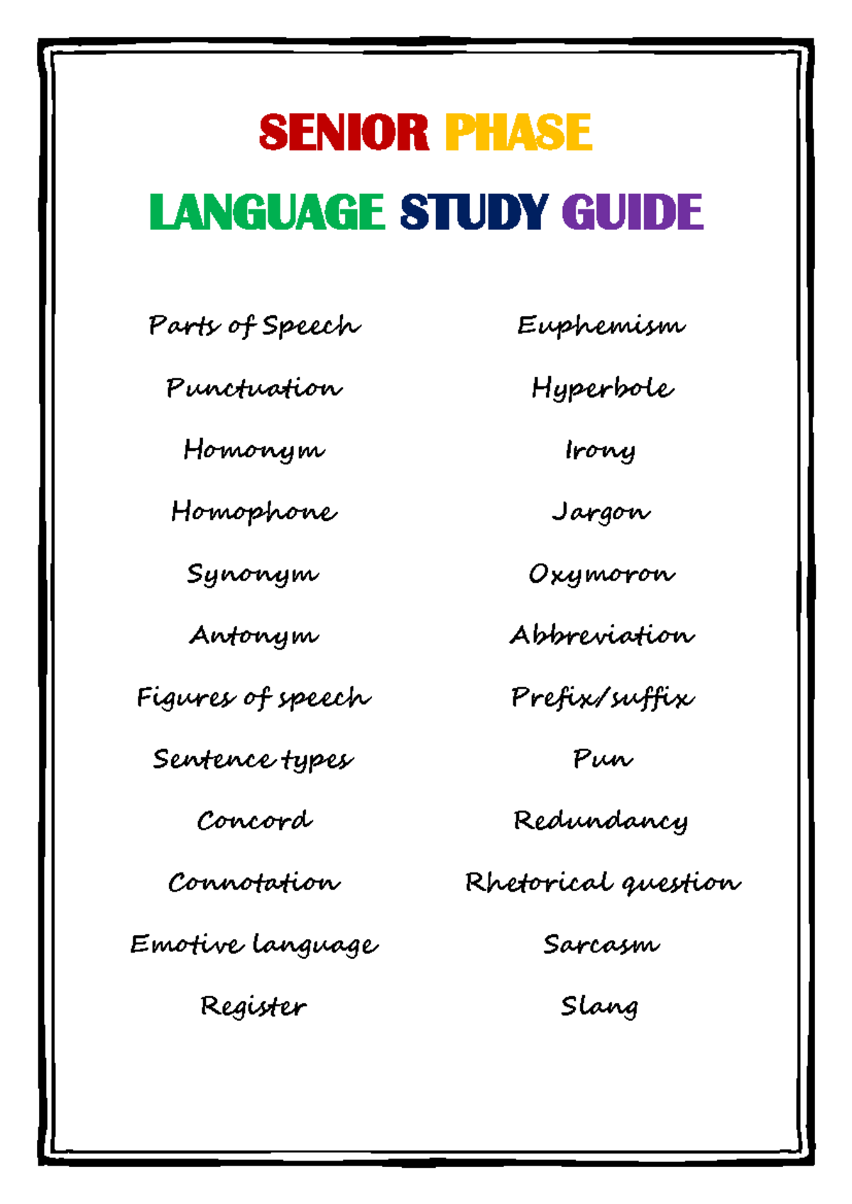 SENIOR PHASE LANGUAGE STUDY GUIDE: Parts of Speech & Figures of Speech ...