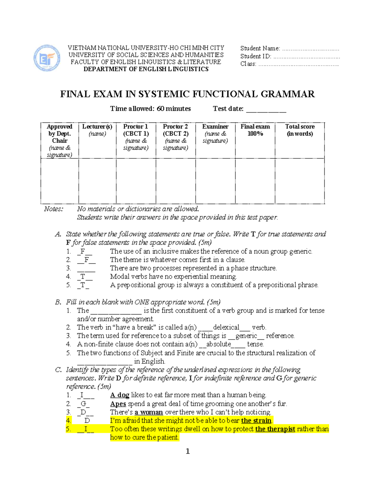 Final Exam in Systemic Functional Grammar (SFG 101) - Studocu