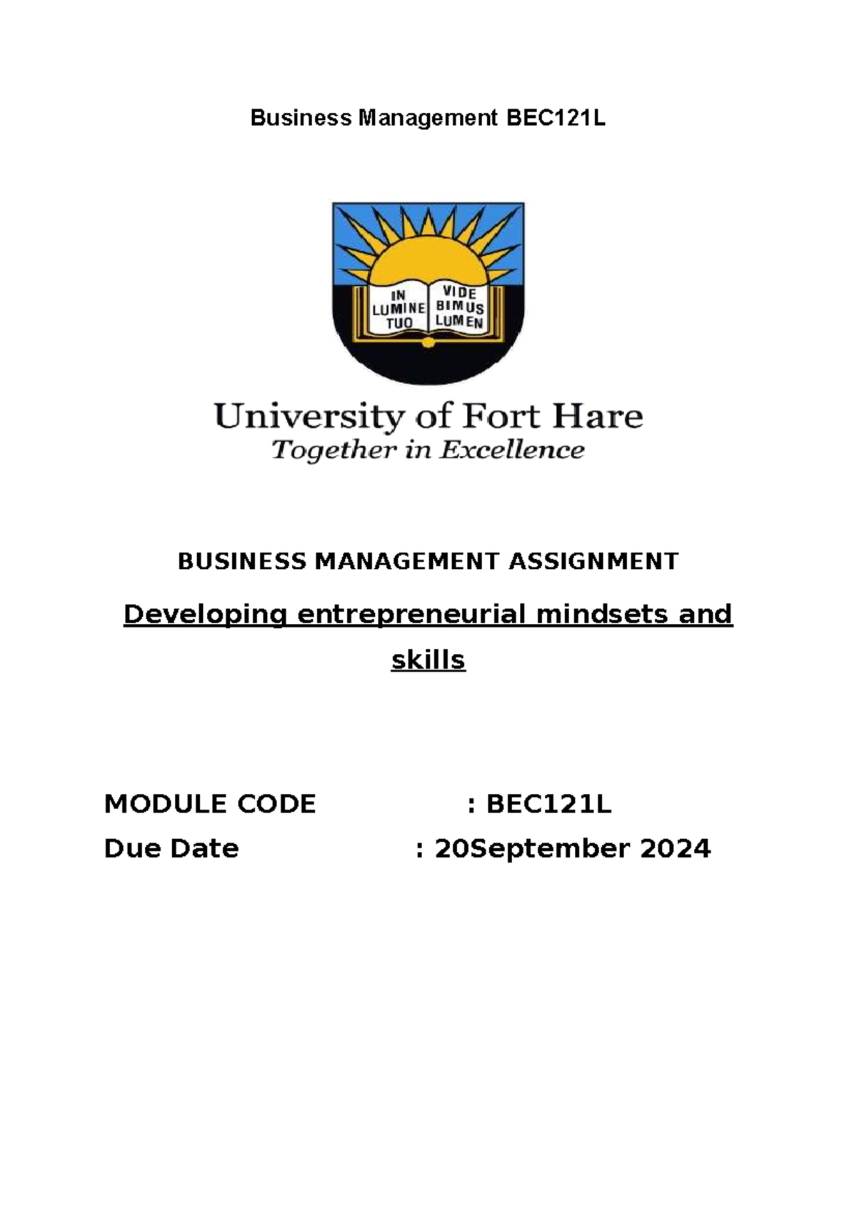 BEC121L - Business Management Assignment: Entrepreneurial Mindsets ...