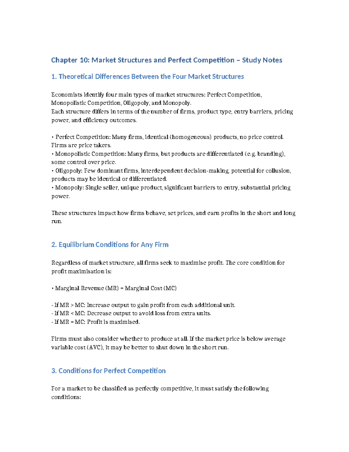 Chapter 10: Market Structures & Perfect Competition Study Notes - Studocu