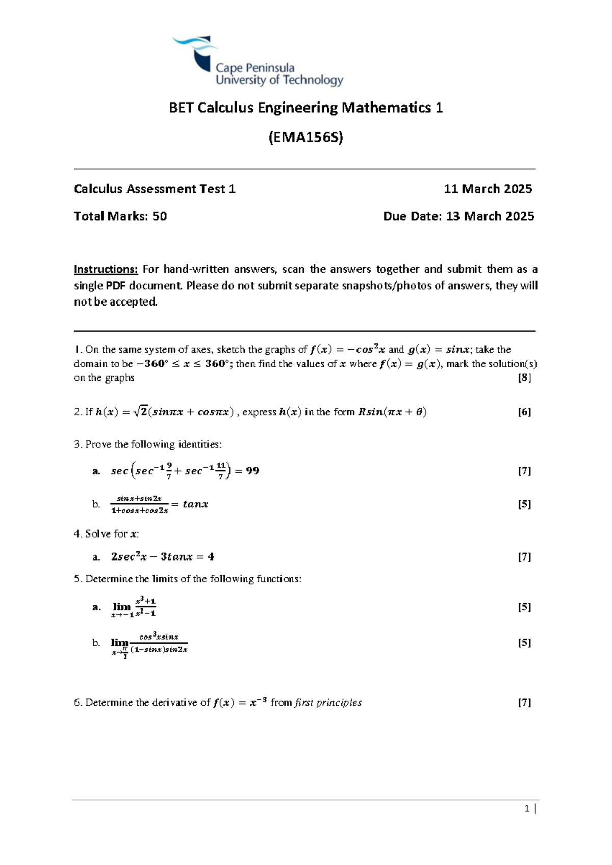 EMA156 7S 2025 Calculus assessment test 1 - 1 | BET Calculus ...