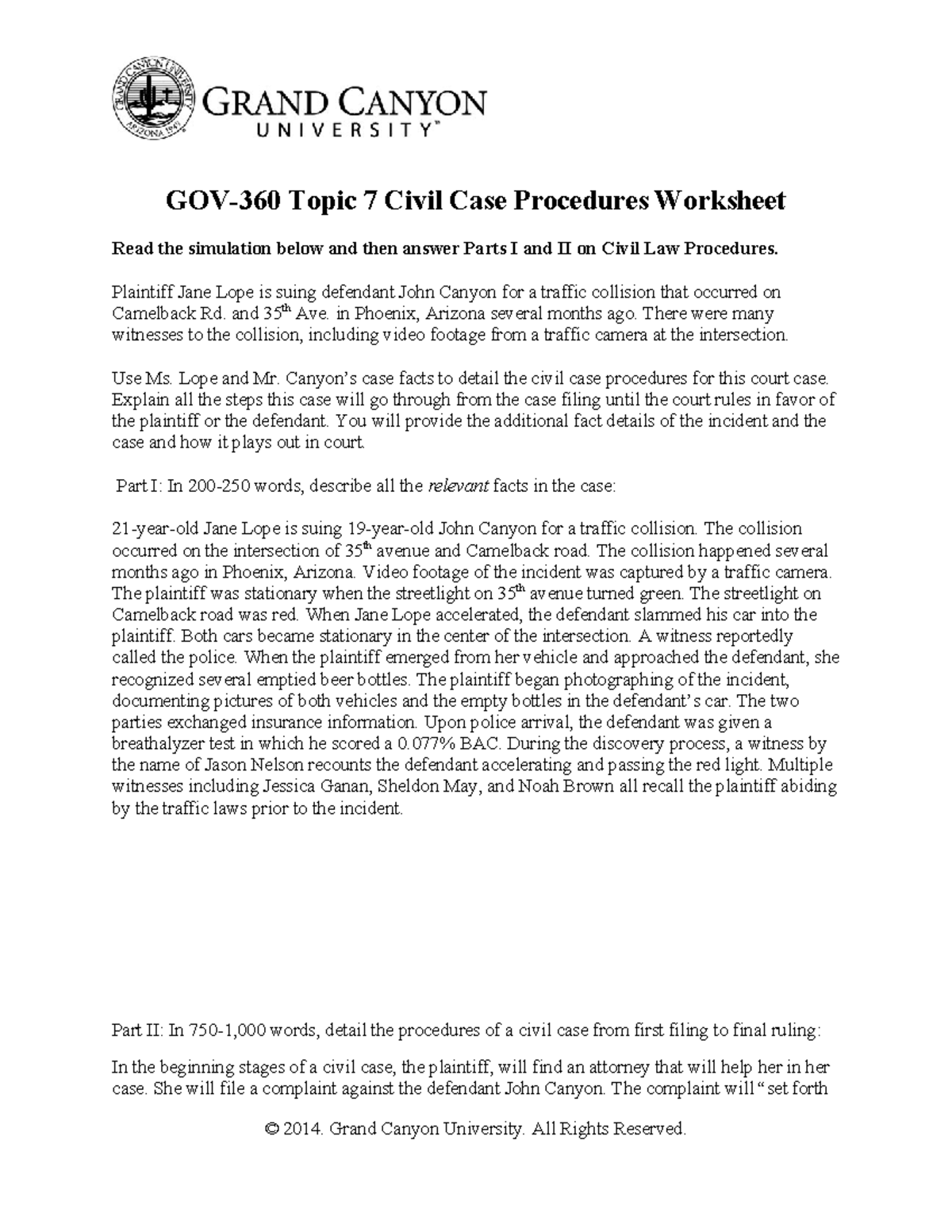 GOV-360 Civil Case Procedures Worksheet: Plaintiff vs. Defendant - Studocu