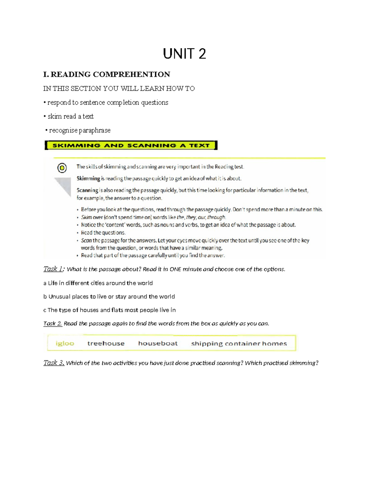 Reading Comprehension Unit 2 - Week 2 Learning Activities - Studocu