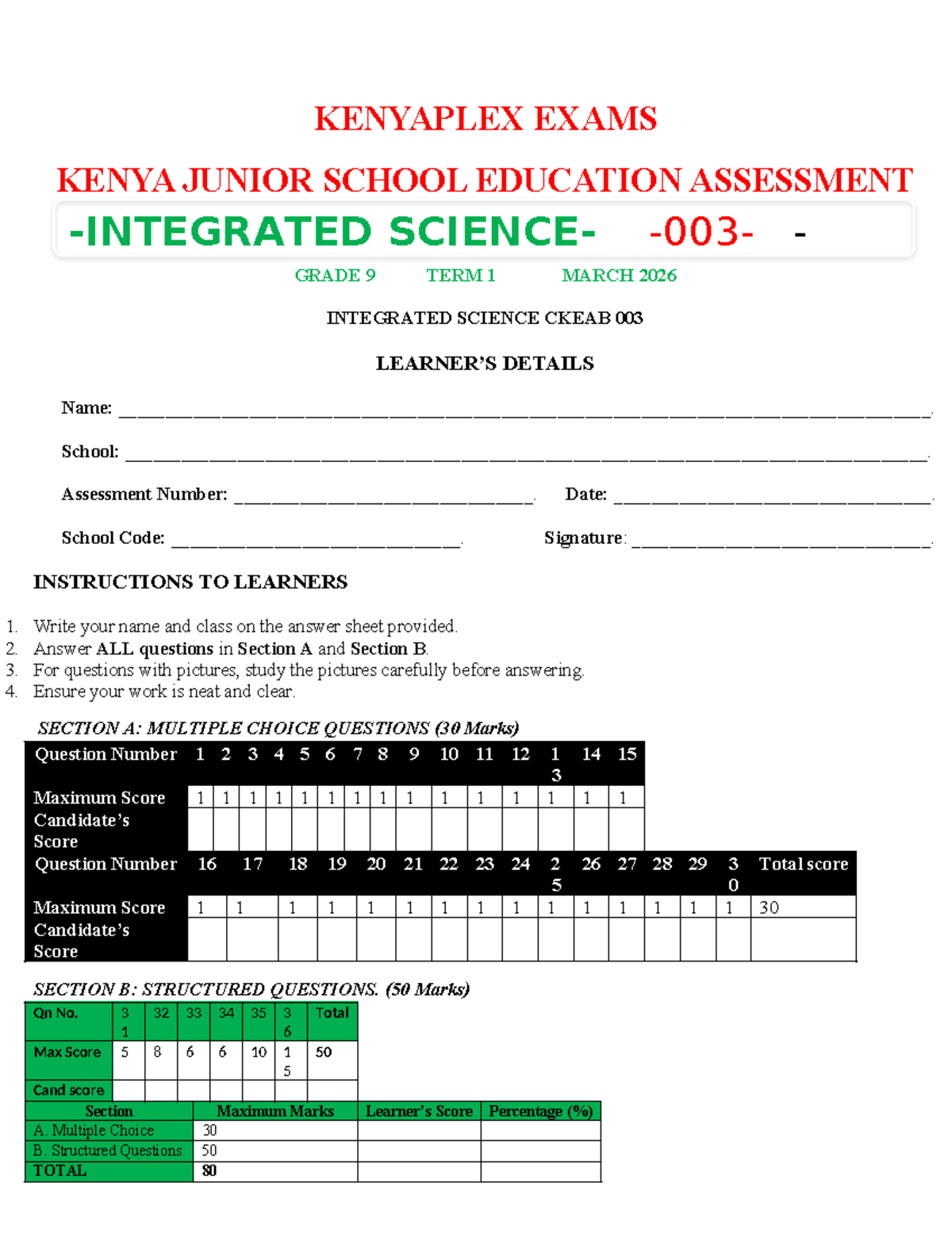 Grade 9 Integrated Science End Term 1 Exam 2026 CKEAB 003 - Studocu