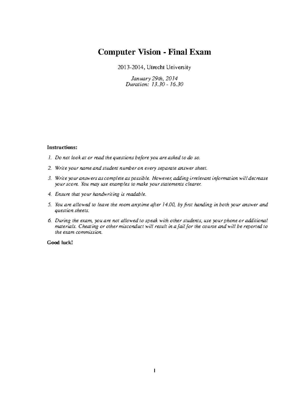 Computer Vision - Final Exam Questions (Course Code: CV101) - Studeersnel