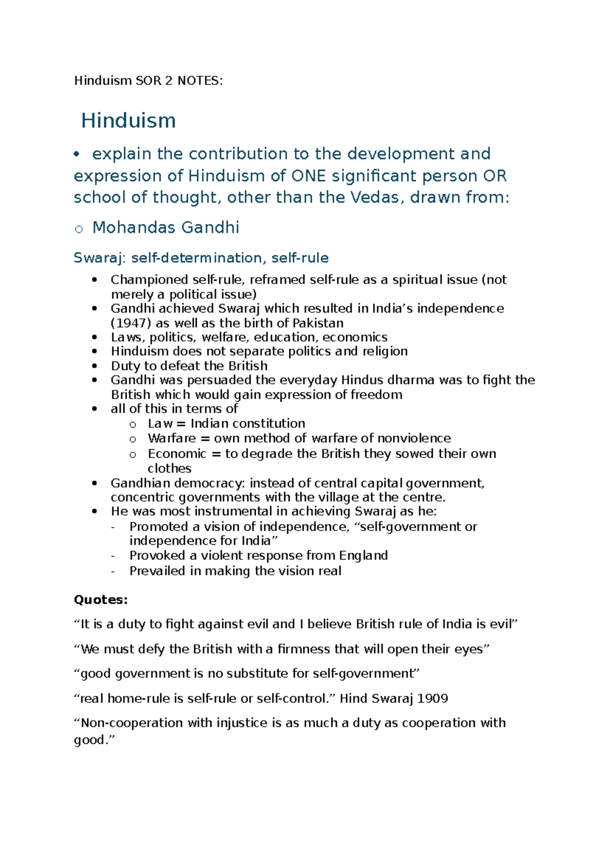 Hinduism SOR 2 Notes: Gandhi's Impact on Hinduism and Swaraj - Studocu