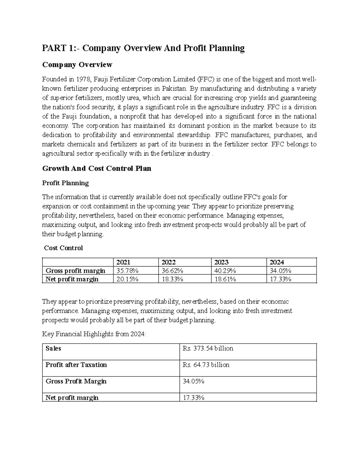 CMA Project: PART 1 & 2 - FFC Overview & Profit Planning Analysis - Studocu