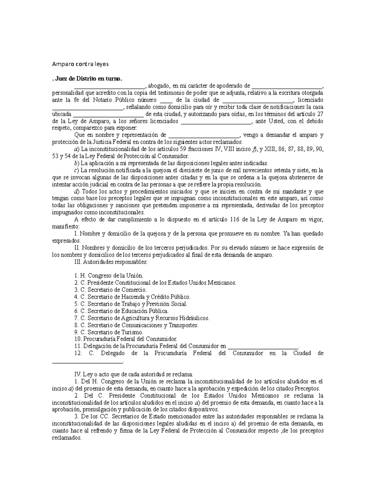 Amparo Contra Leyes - Amparo contra leyes . Juez de Distrito en turno