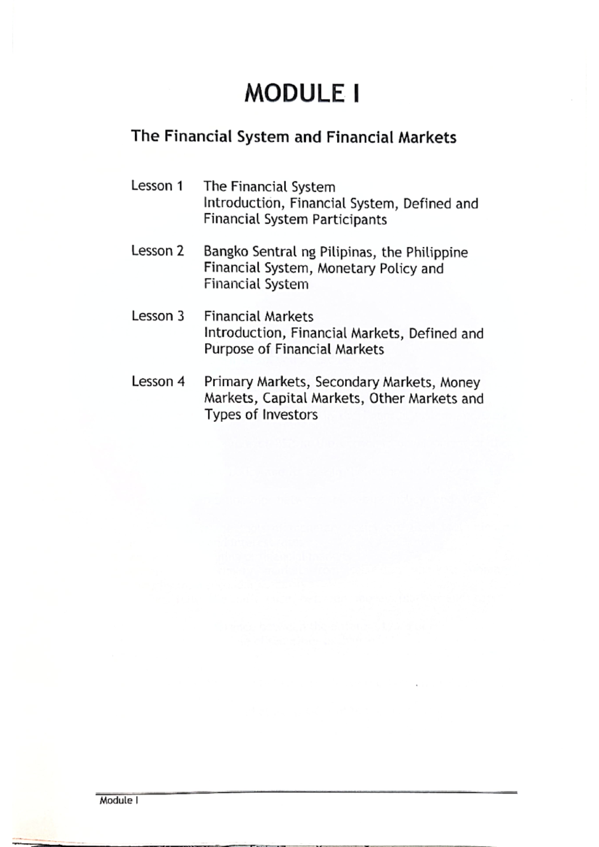 FINM 107 Module I The Financial System and Financial Markets - MODULE I ...