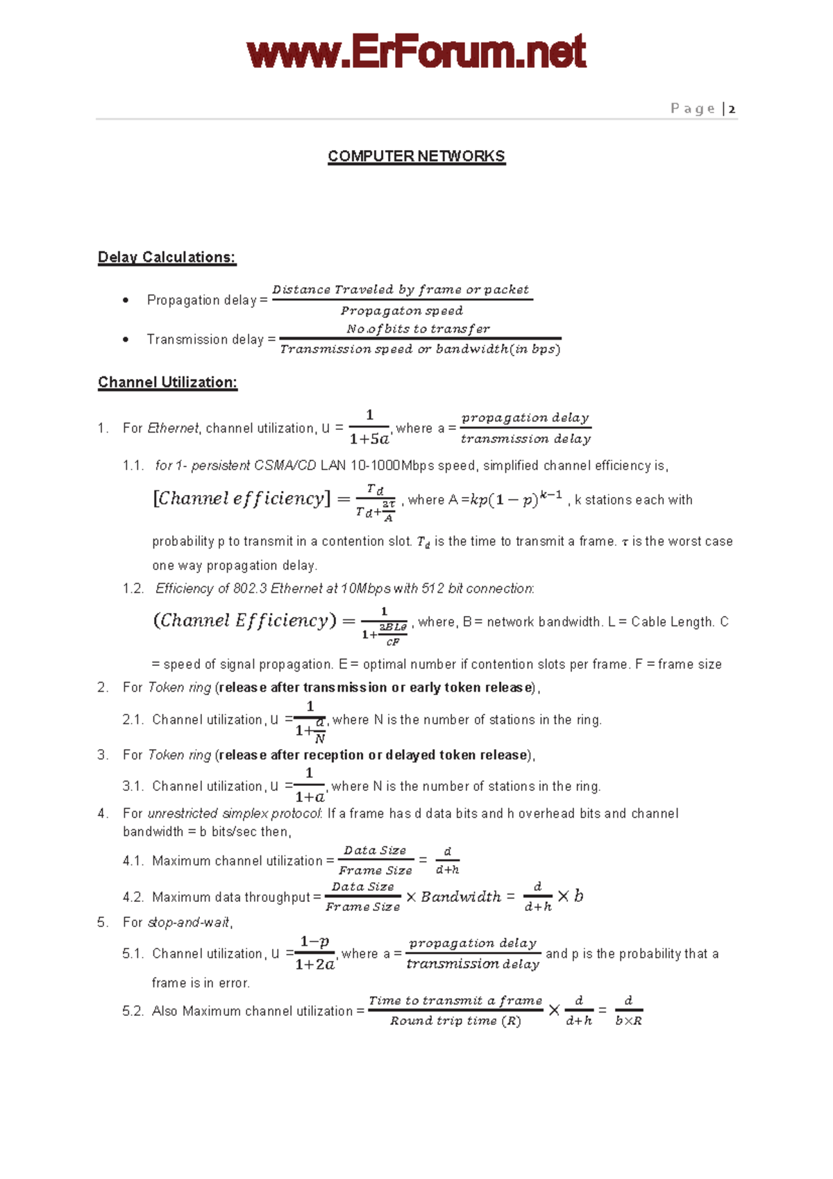 COMPUTER NETWORKS Delay & Throughput Calculations: Key Formulas ...
