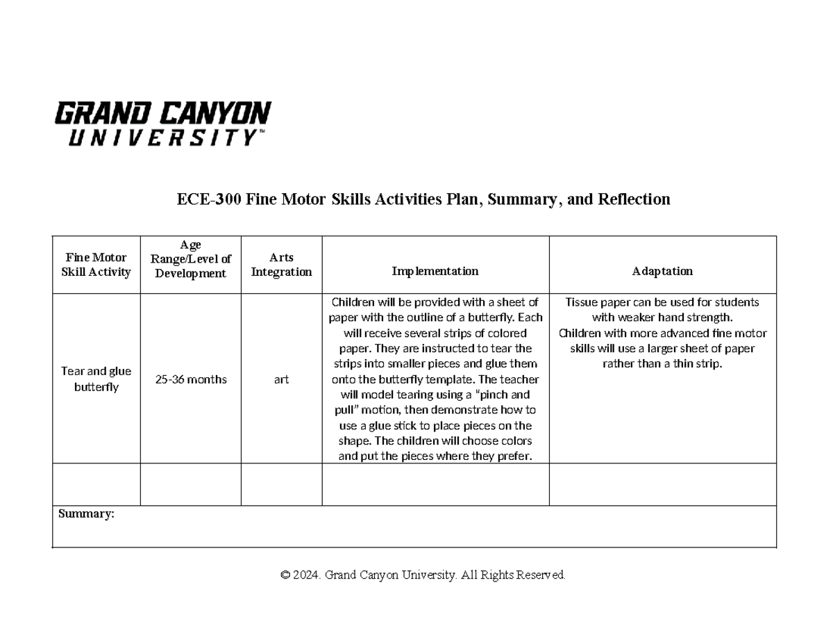 ECE-300 Final Exam: Fine Motor Skills Activities Plan & Reflection ...