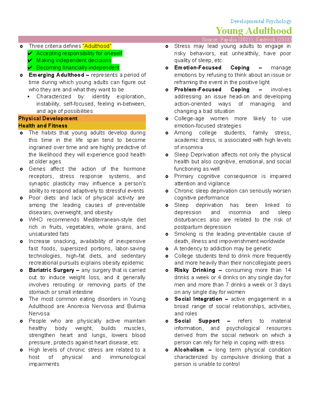Dev Psy 6: Young Adulthood - Key Concepts and Issues - Studocu