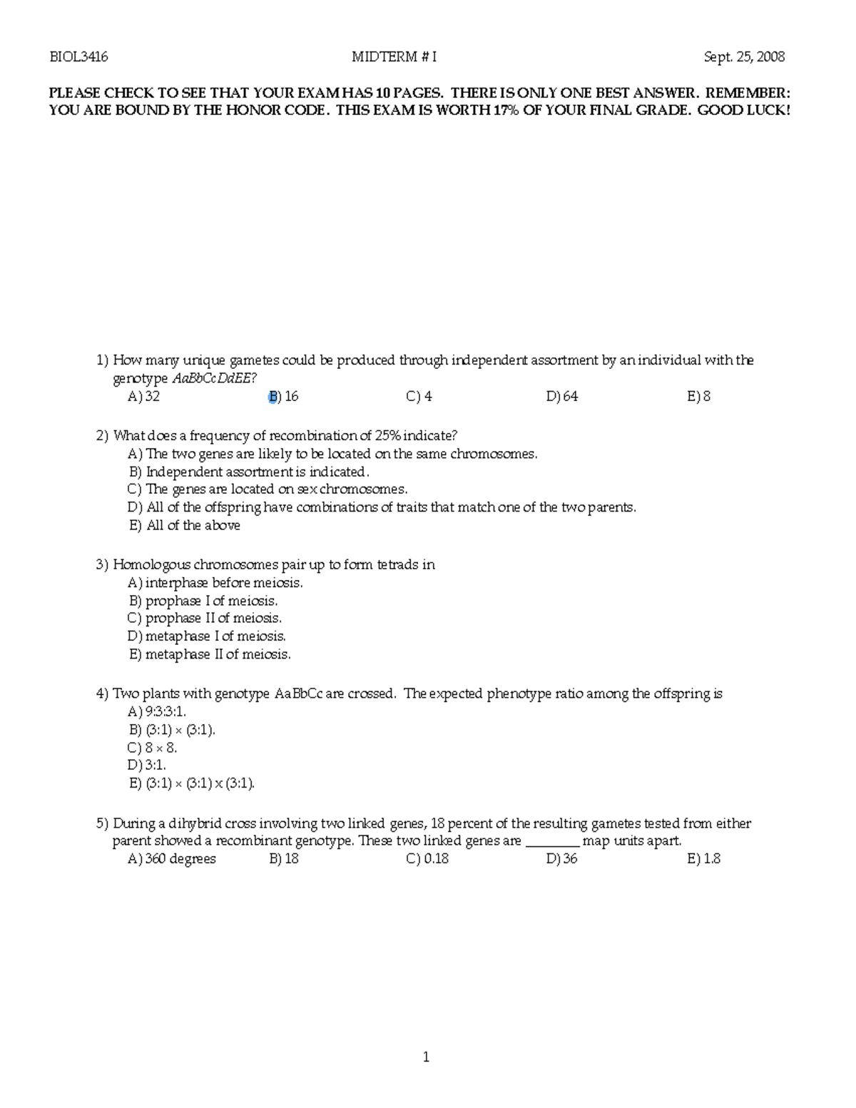 BIOL3416 Fall 2008 Midterm Exam 1 Corrections & Answer Key - Studocu