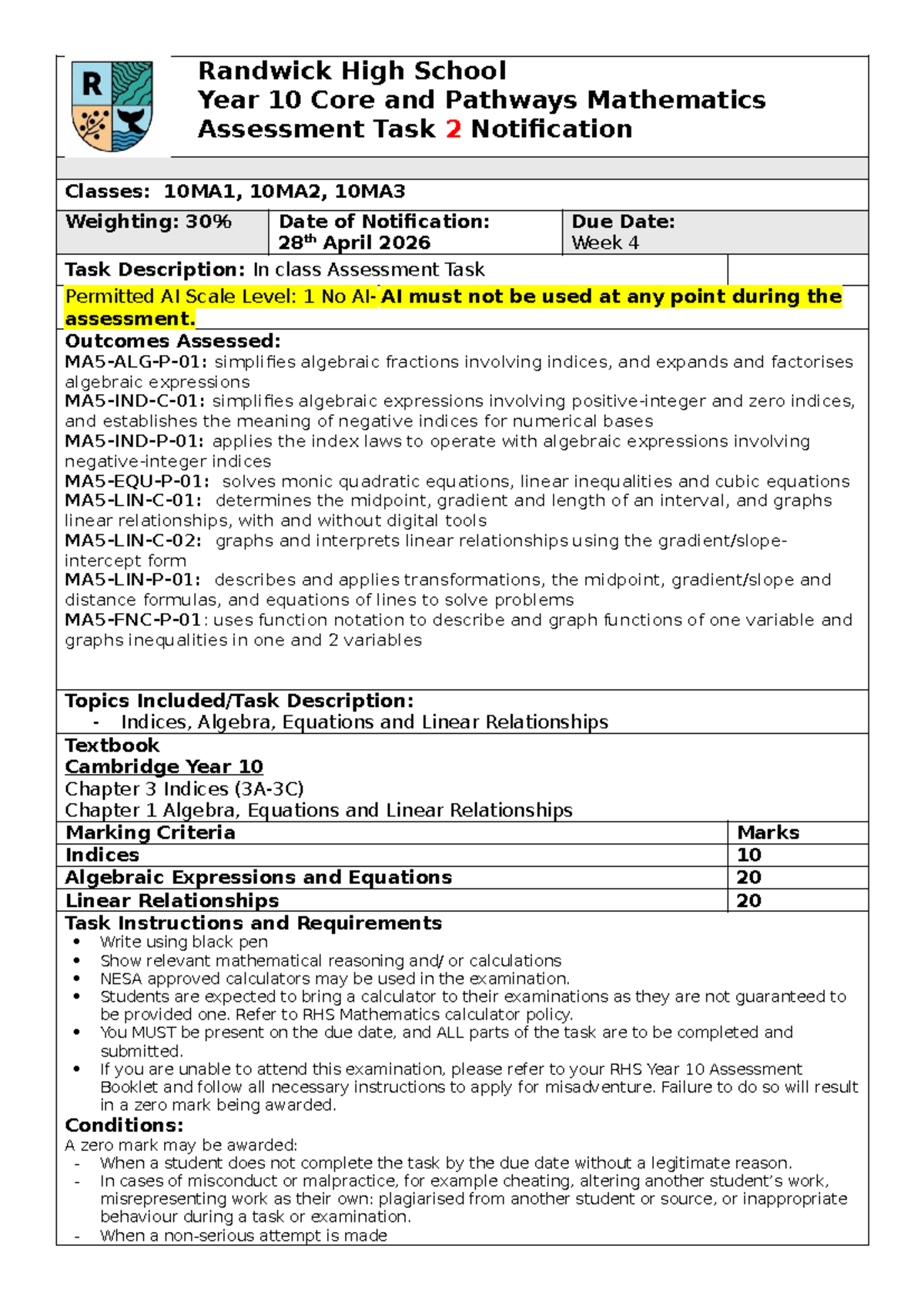 Year 10 Core & Pathways Math Assessment Task 2 Notification 2026 - Studocu
