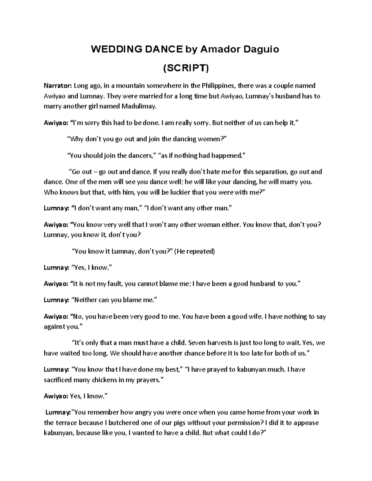 The Wedding Dance Script: Awiyao and Lumnay's Story - Studocu