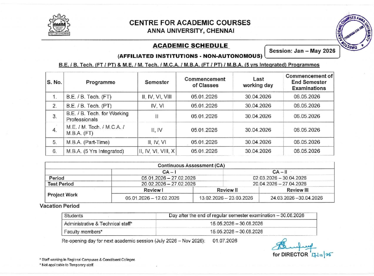 Anna University Chennai: UG & PG Academic Schedule (Jan-May 2026) - Studocu