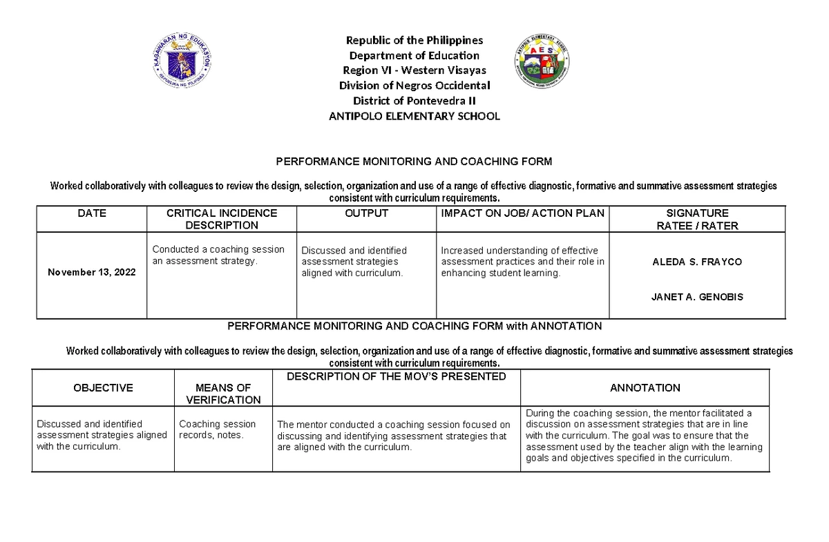 Performance Monitoring and Coaching Form (PMCF) - Antipolo Elementary ...