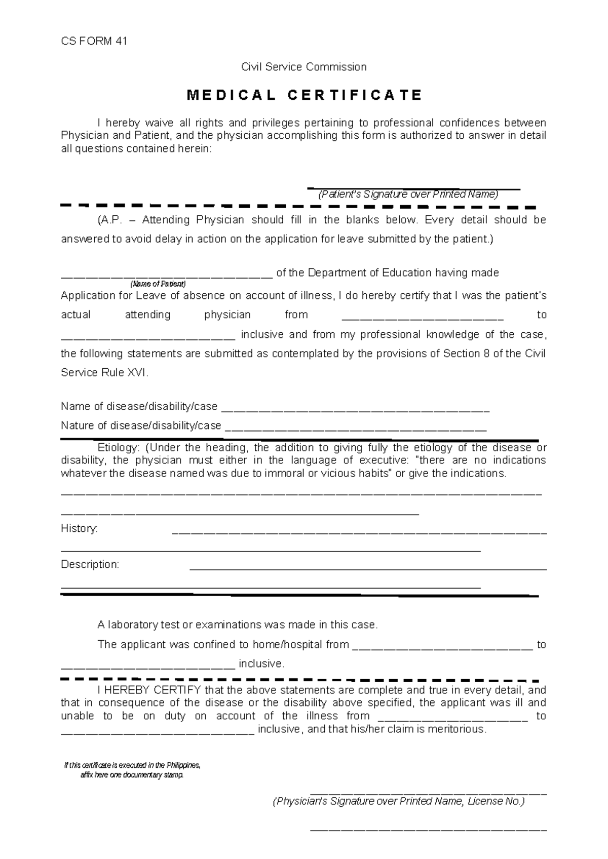 CS FORM 41 Medical certificate for leave application due to illness ...