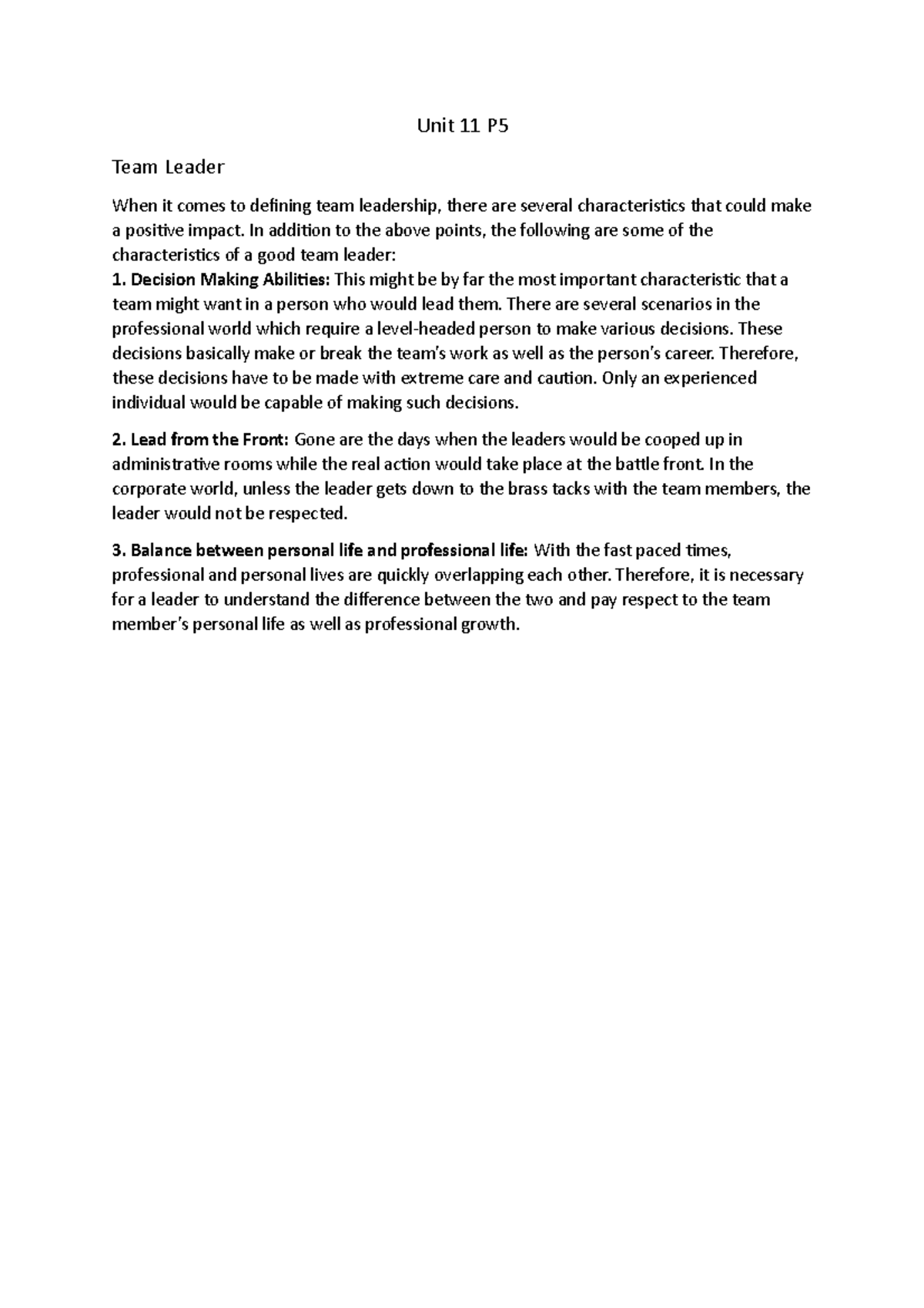 New Microsoft Word Document - Unit 11 P Team Leader When it comes to ...