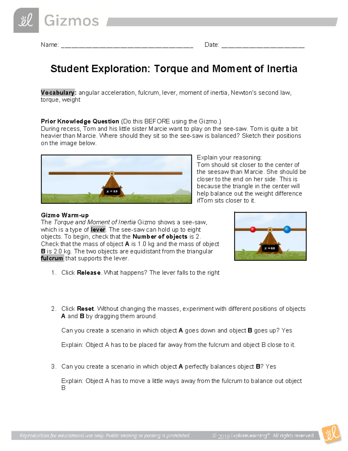 Student Exploration: Torque and Moment of Inertia Concepts for 000 ...