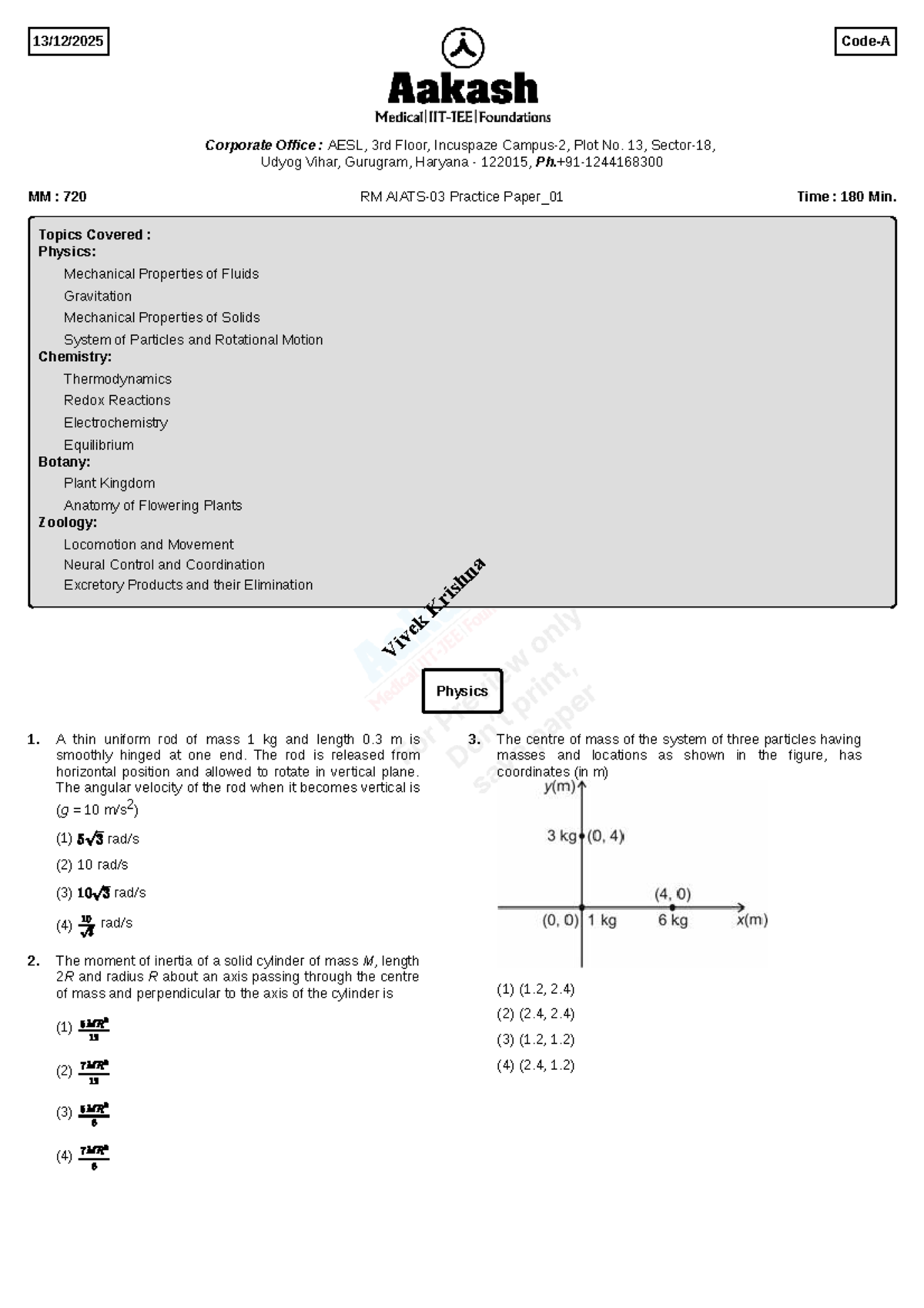 RM Aiats-03 Practice Paper 01: Physics, Chemistry, Botany & Zoology ...