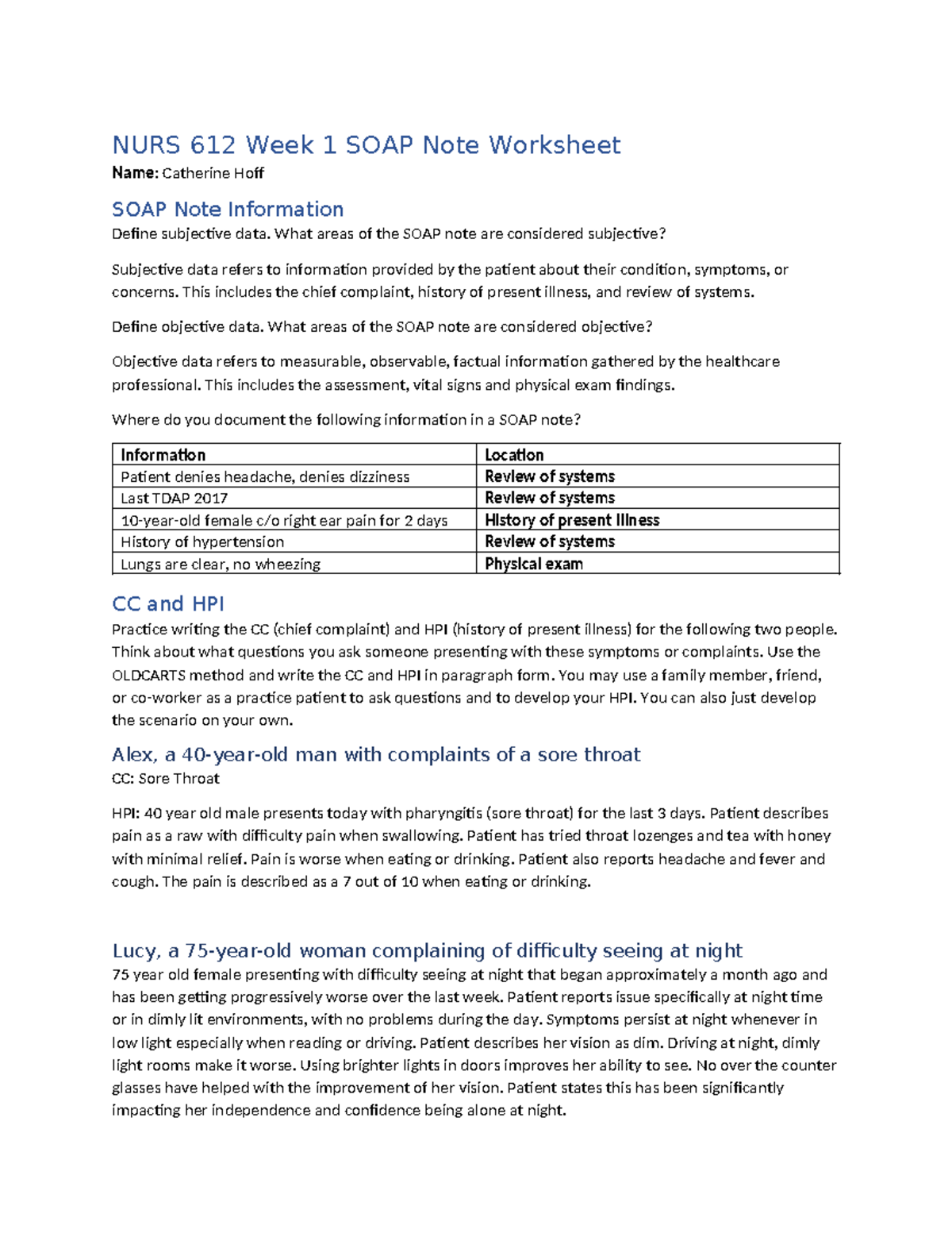 NURS612 W1 SOAP Note B - Week 1 SOAP Note Worksheet Guide - Studocu
