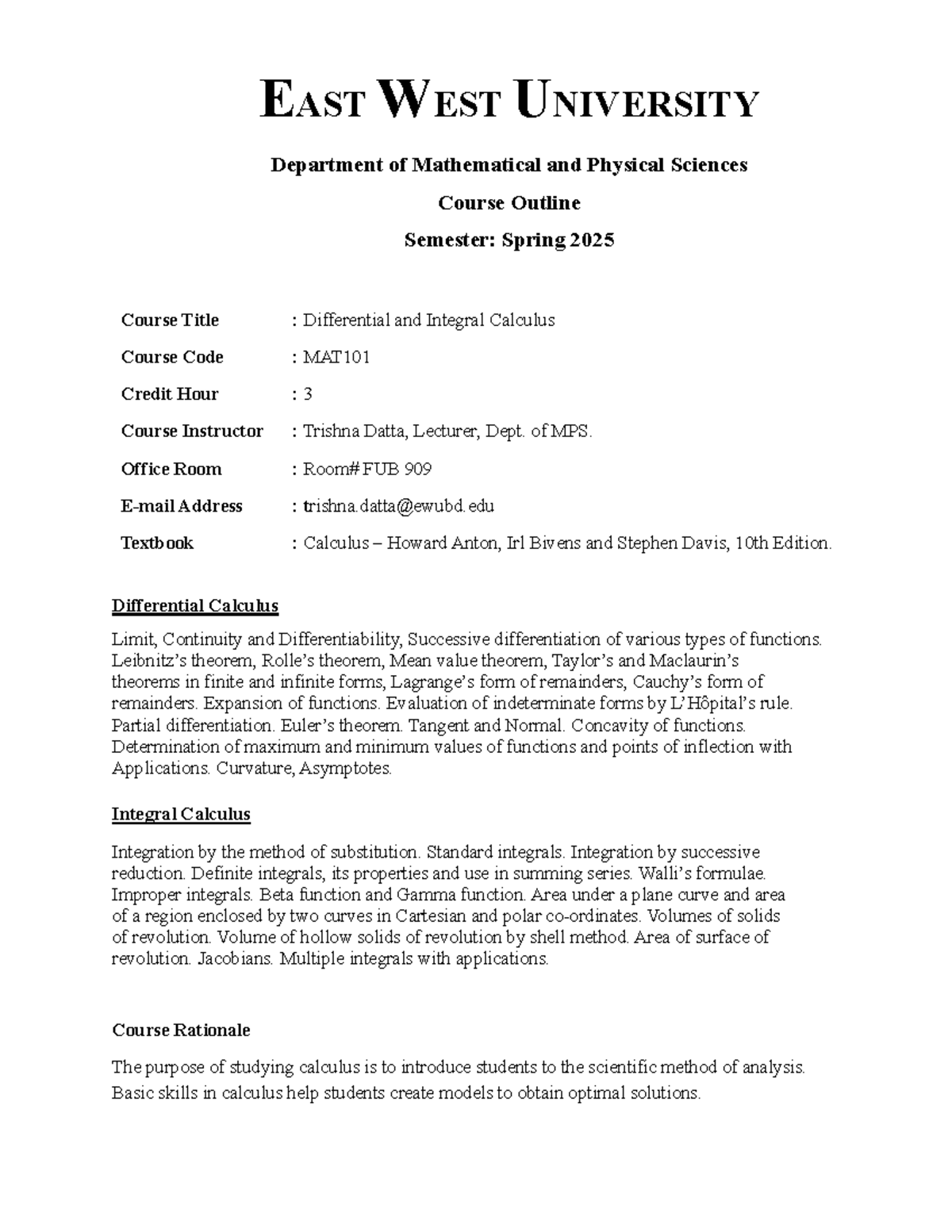 Mat101 Differential And Integral Calculus Course Outline Spring 2025
