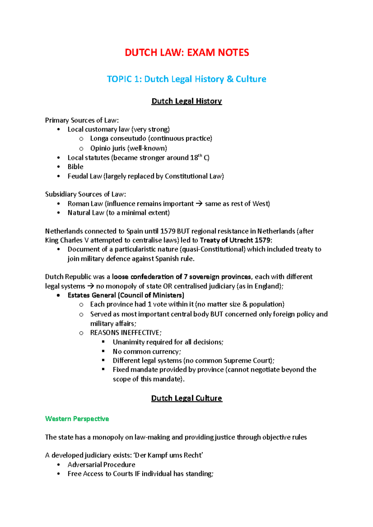 Dutch Law EXAM Notes - Comprehensive Study on Legal History and ...