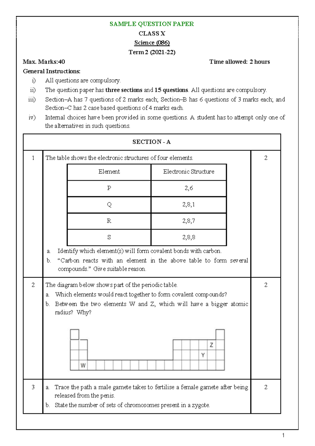 Science (086) Term 2 Sample Question Paper for Class X - Studocu