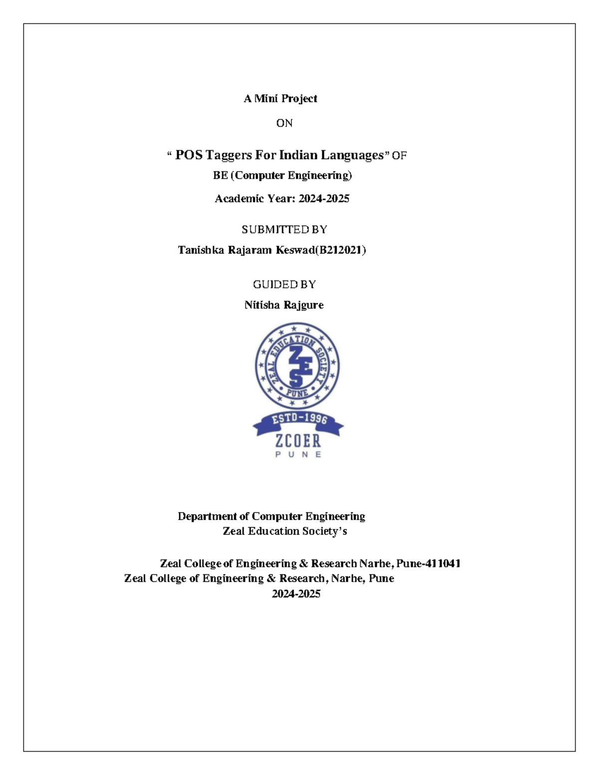 NLP Mini Project Report on POS Taggers for Indian Languages (BE) - Studocu