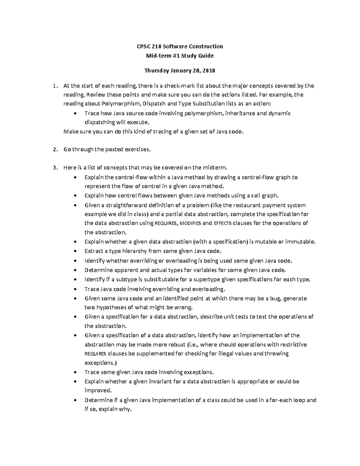 Cs210 2009 t2 studyguide midterm 1 - CPSC 210 Software Construction Mid ...