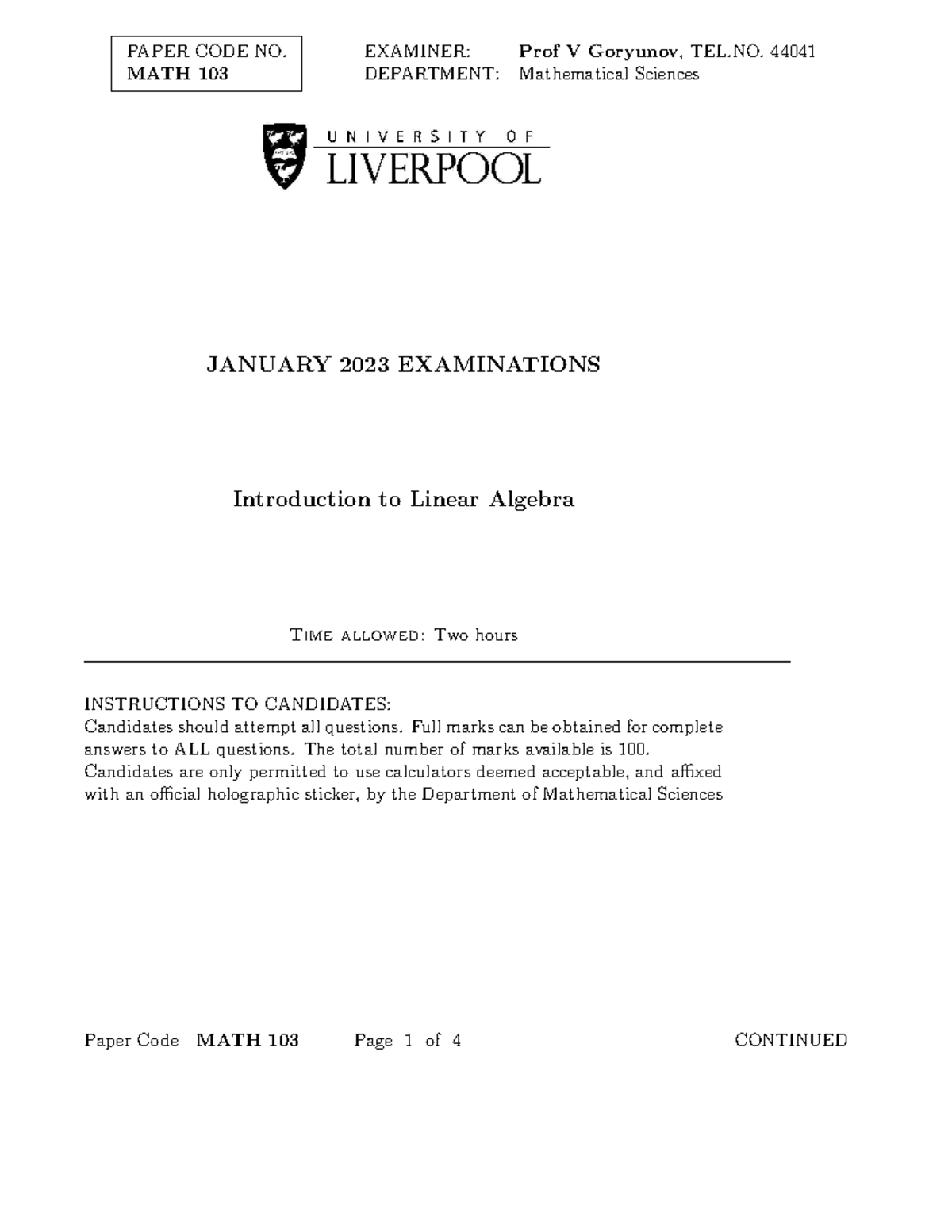 MATH 103 - January 2023 Exam: Introduction to Linear Algebra - Studocu