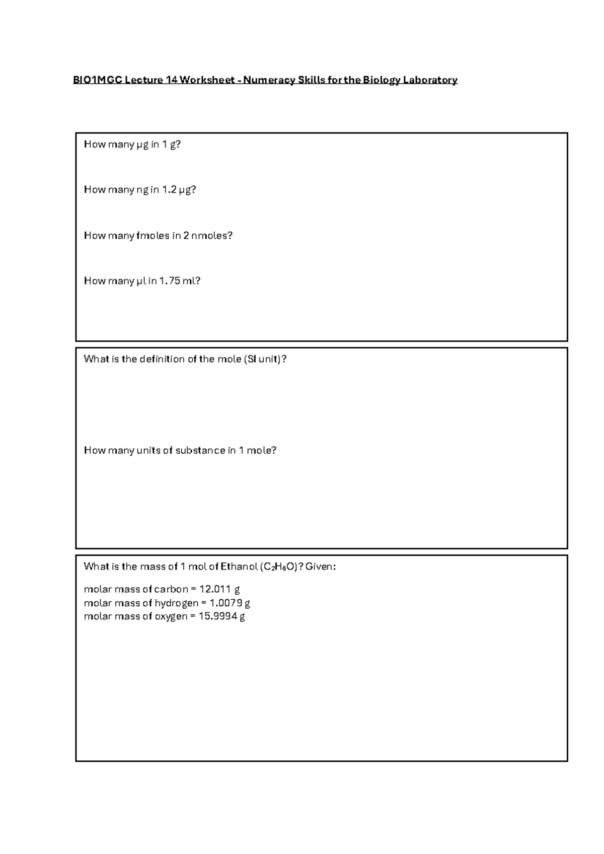 BIO1MGC 2025 Lecture 14 Worksheet: Numeracy Skills in Biology Lab - Studocu