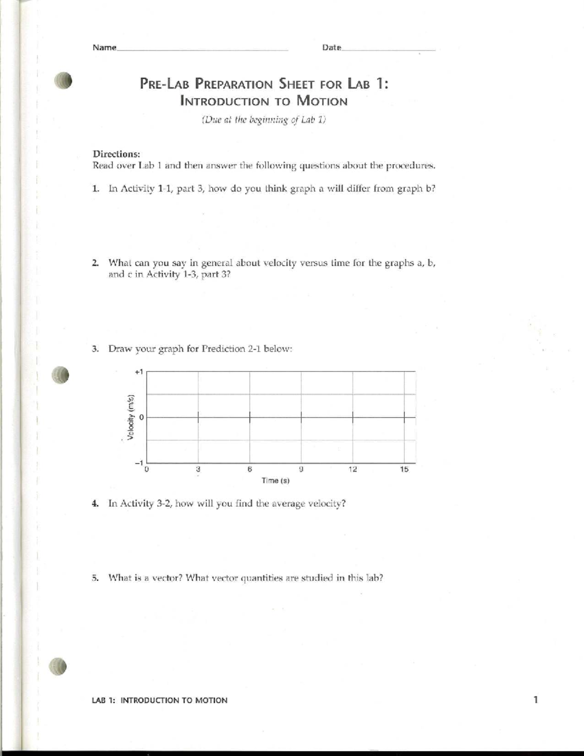 Lab 1 Prep Sheet: Introduction to Motion (Due at Lab Start) - Studocu