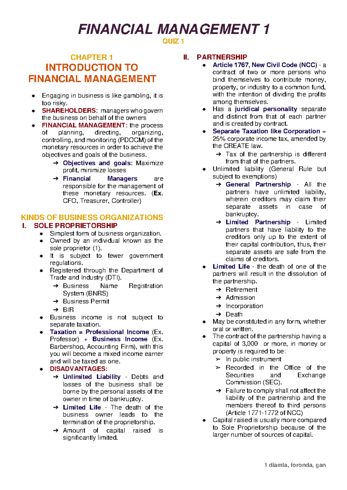 1- Finman - notes - FINANCIAL MANAGEMENT 1 QUIZ 1 CHAPTER 1 ...