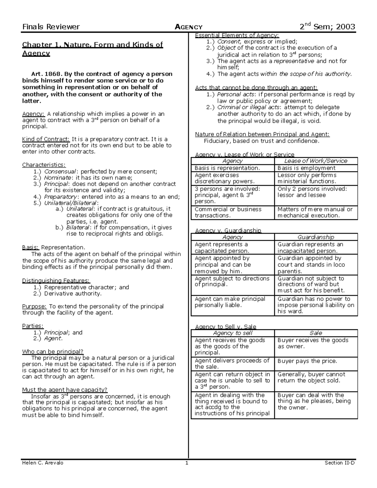 Finals Reviewer AGENCY: Key Concepts and Legal Principles - Studocu