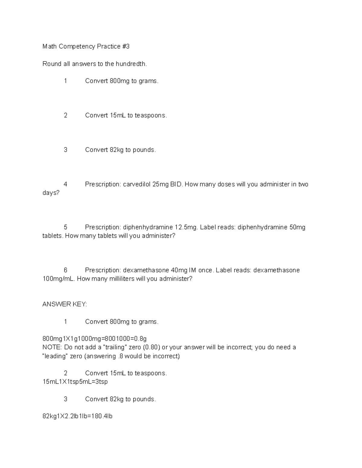 NURSE 100 Math Competency Practice #3: Dosing & Conversion Techniques ...