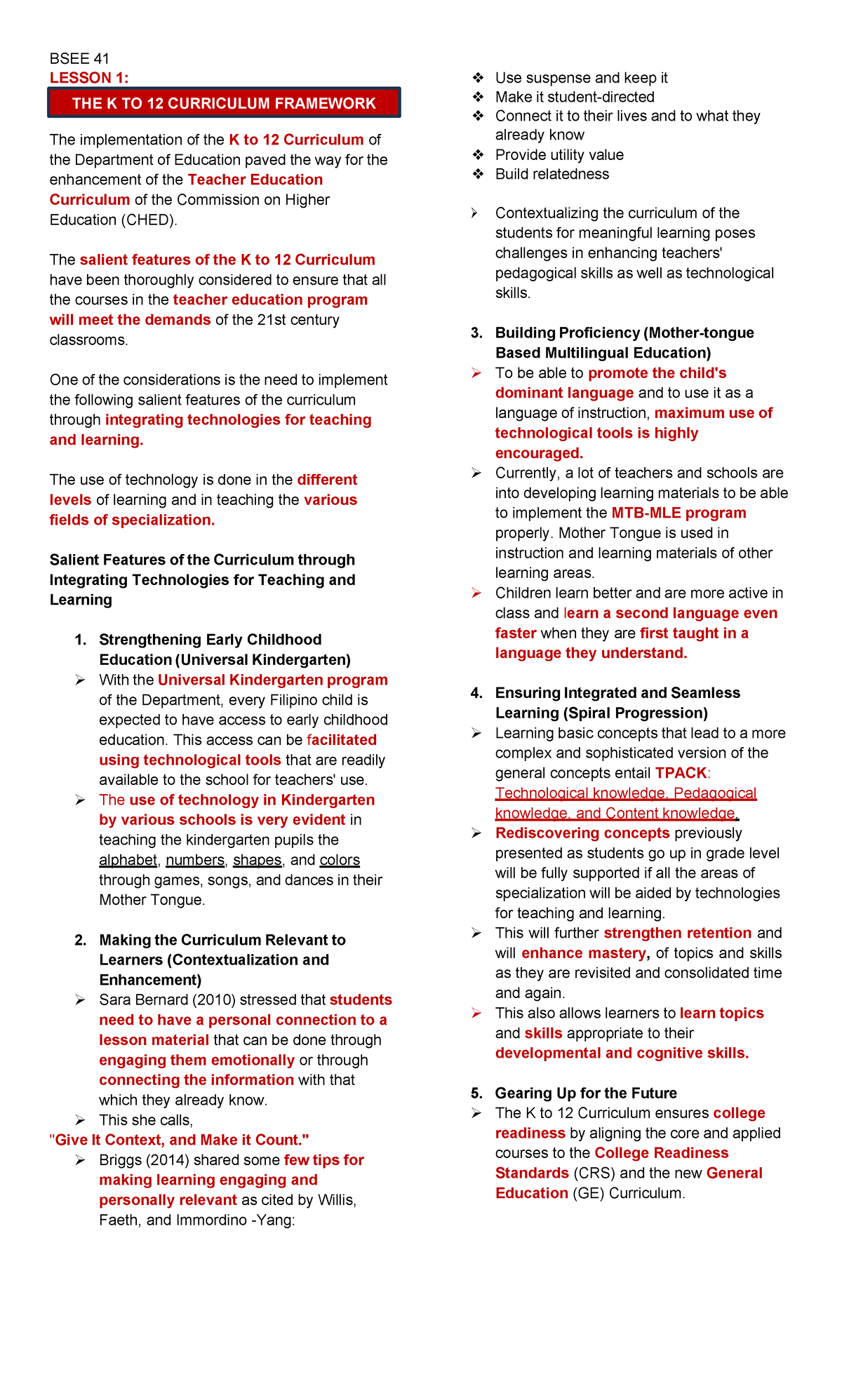 BSEE 41 LESSON 1: K to 12 Curriculum Framework Overview - Studocu