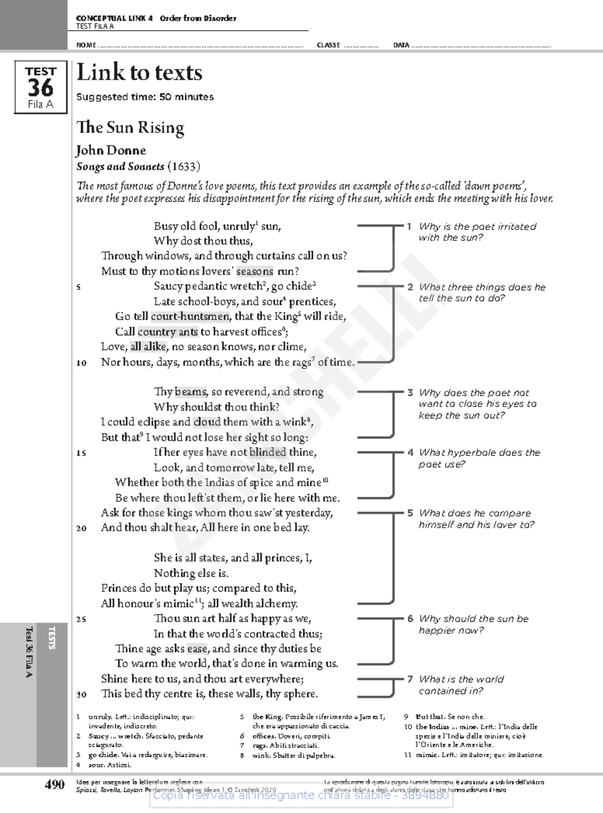 Test 36 FILA A - Esercizi sul "The Sun Rising" di John Donne - Document Preview