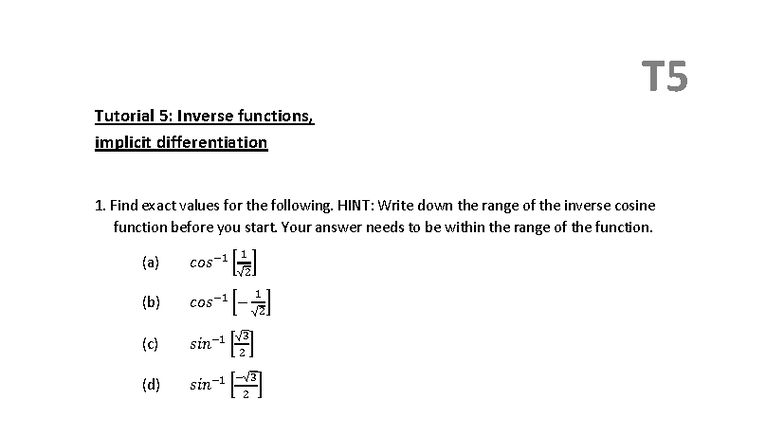 33130 T5 Tutorial 5: Inverse Functions & Implicit Differentiation - Studocu