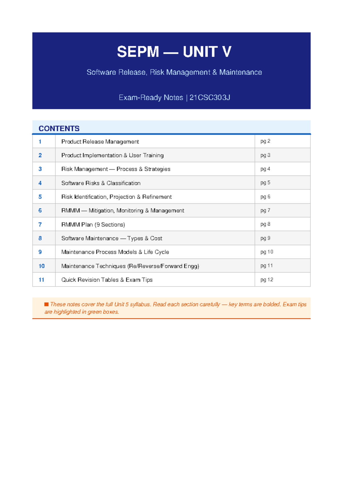 Unit 5 SEPM Exam Notes: Software Release & Risk Management 21CSC303J ...