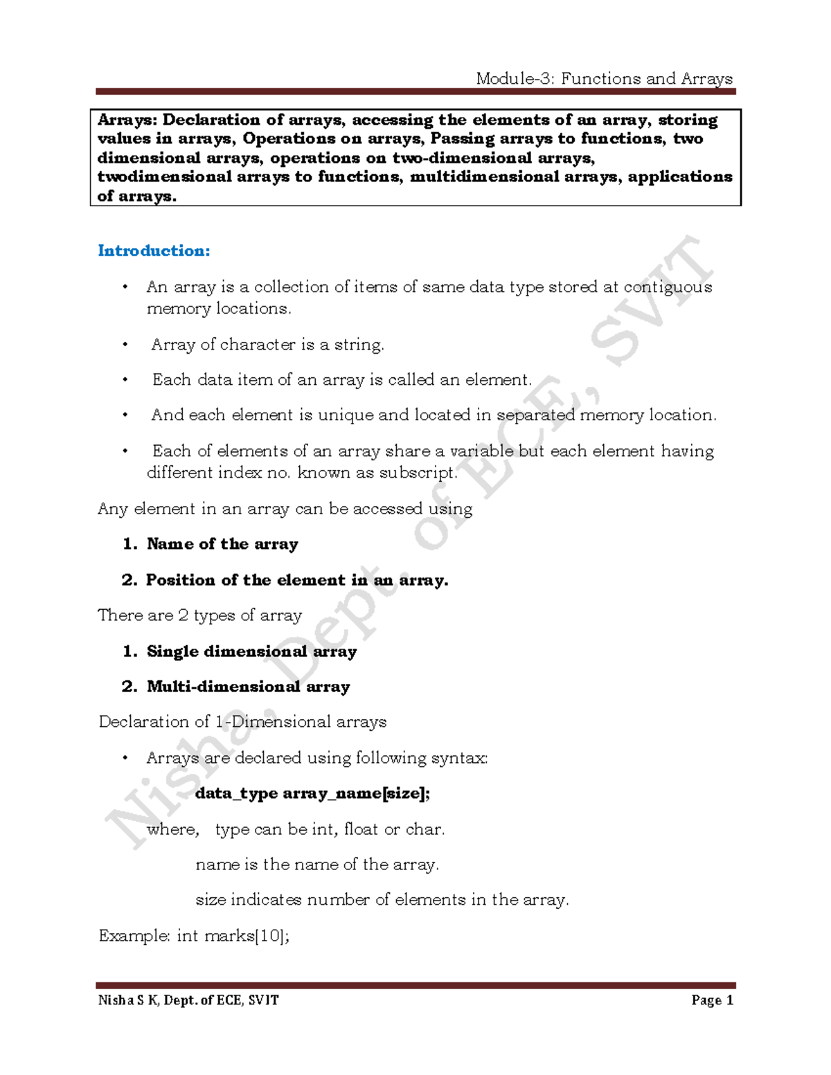 POP Module-3 Notes: Functions and Operations on Arrays - Studocu