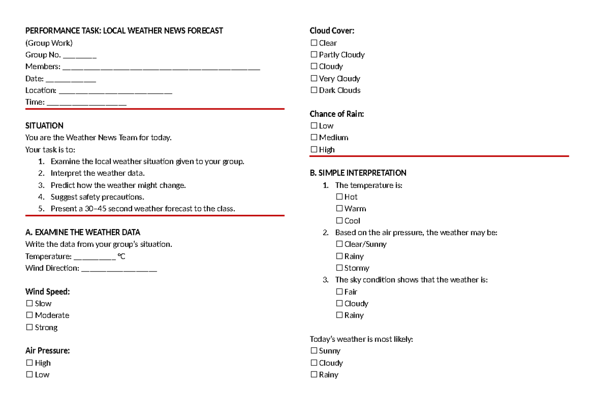 PERFORMANCE TASK: LOCAL WEATHER FORECAST (Group Work) - Studocu