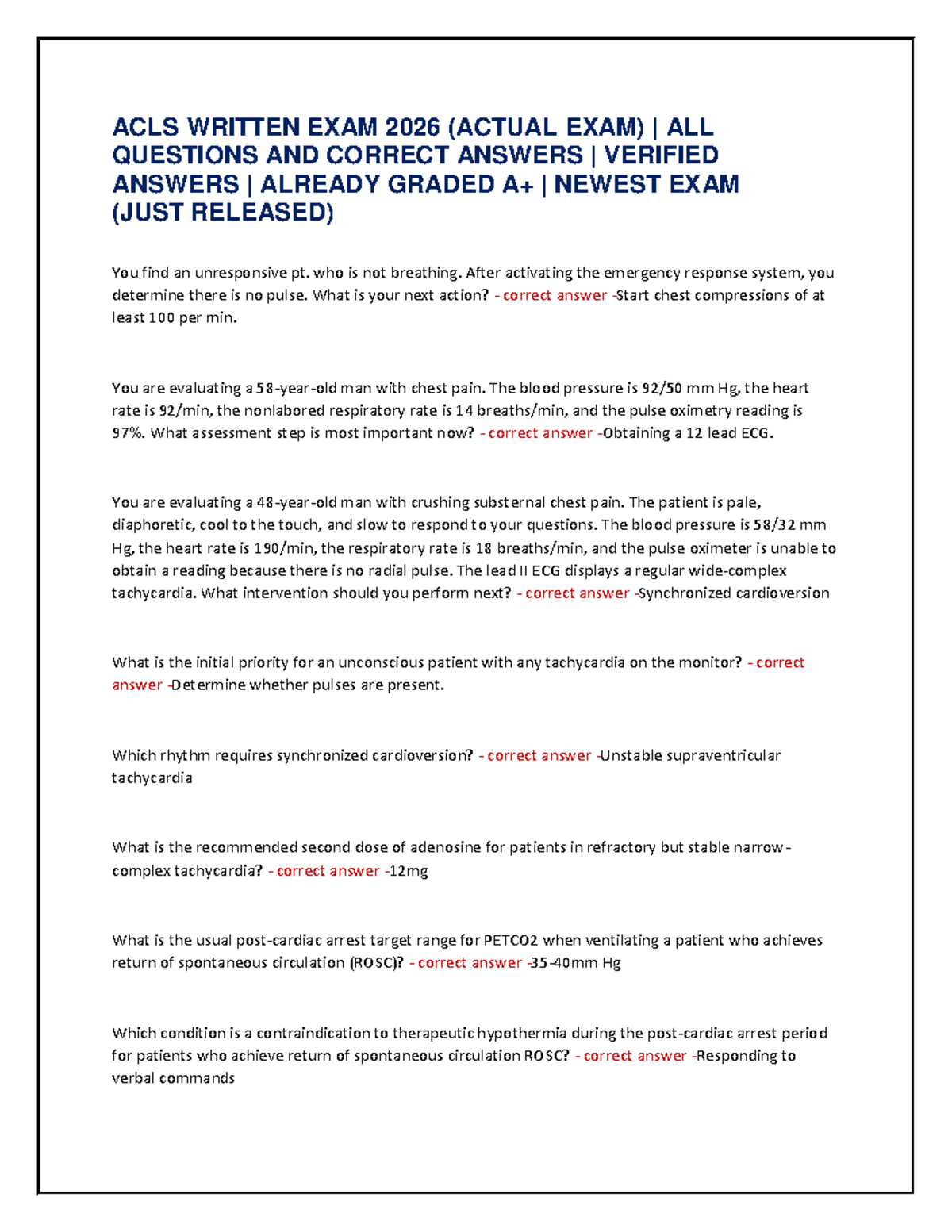 ACLS WRITTEN EXAM 2026: ALL QUESTIONS & VERIFIED ANSWERS - Studocu