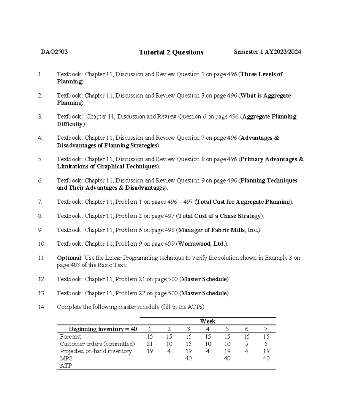DAO2703 Tutorial 2 Questions - Aggregate Planning Focus AY 2023/2024 ...
