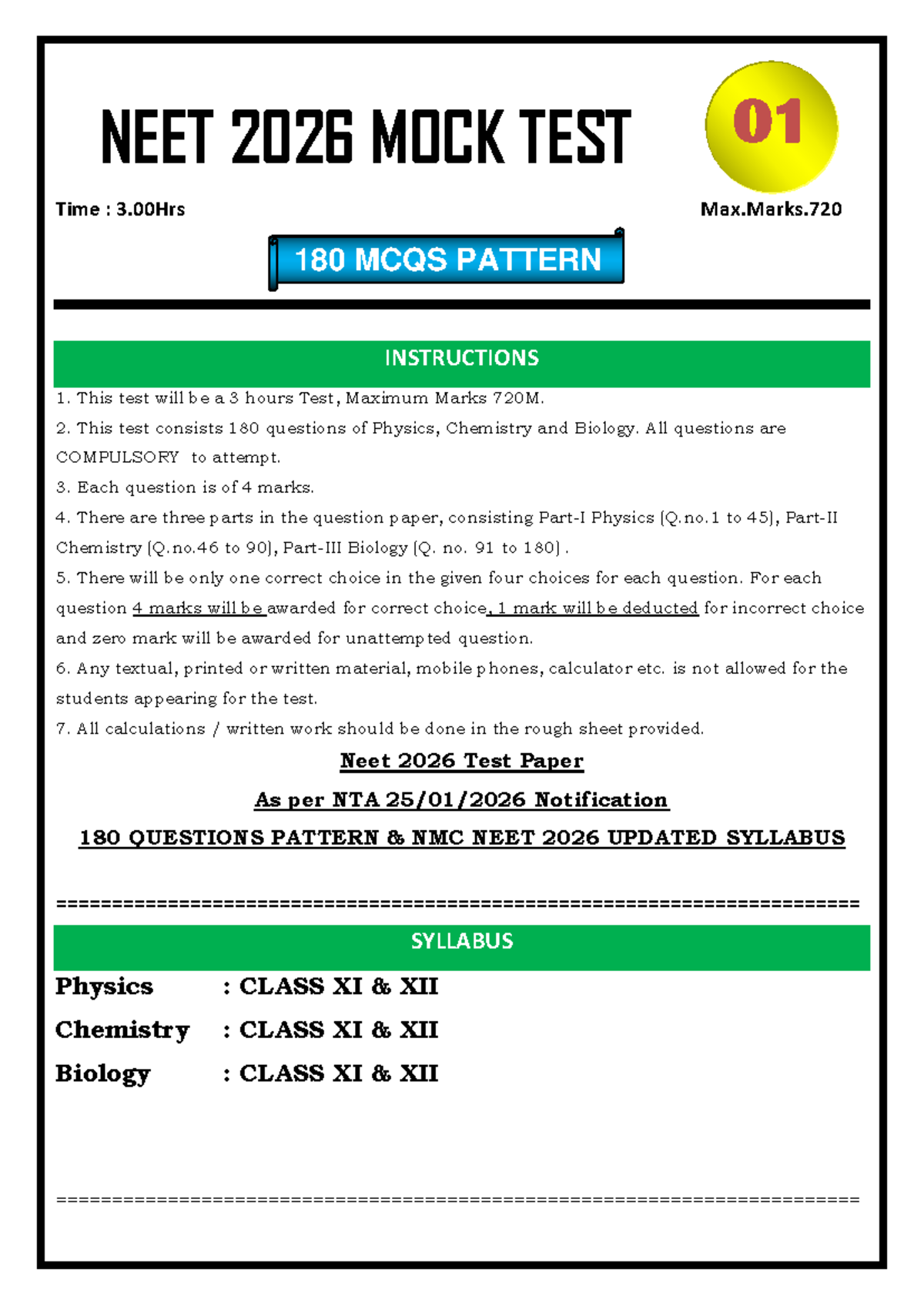 NEET 2026 MOCK TEST 1: 180 MCQs with Detailed Instructions - Studocu