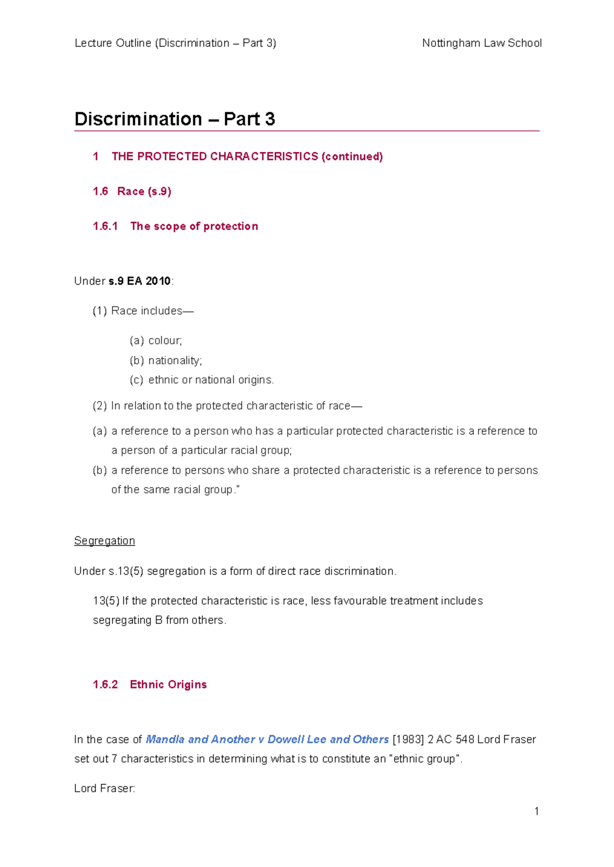 Lecture Outline: Discrimination Part 3 - Nottingham Law School - Studocu